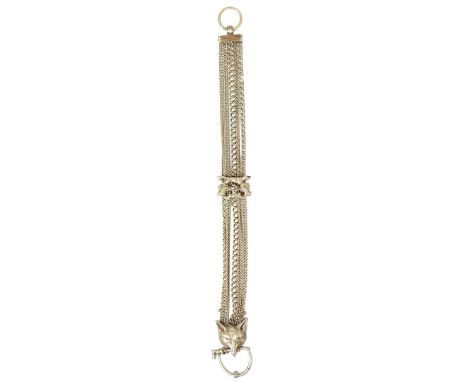 AN UNUSUAL YELLOW METAL POCKET CHATELAINE OR FOB CHAIN. The split ring terminal above a reeded top bar, five chain links with