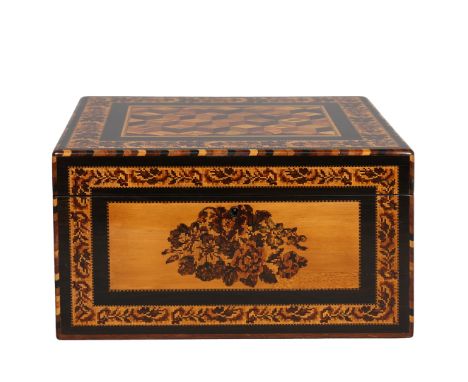 A 19TH CENTURY TUNBRIDGE WARE BOX. The hinged lid with a geometric design, enclosing a marbled effect paper lined interior, t