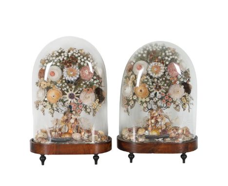 TWO VICTORIAN SHELLWORK FLORAL DISPLAYS, 19TH CENTURY (2). Each modelled as a shell bouquet of flowers with masted wooden shi
