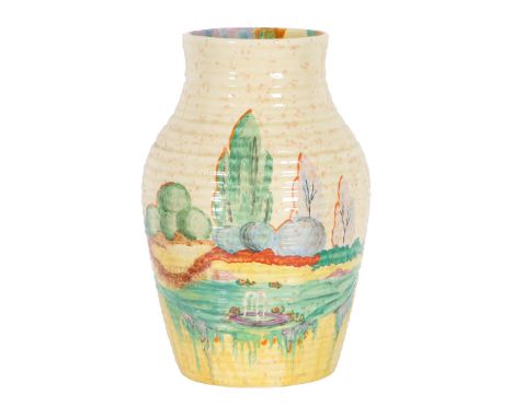 A LARGE CLARICE CLIFF BIZARRE 'PATINA GARDEN' VASE, CIRCA 1935. the hand painted vase with stylized colours with the design d