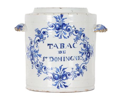 AN EARLY 18TH CENTURY DUTCH DELFT FAIENCE TOBACCONIST JAR, C.1700. the rare and early Dutch 'Tabac de St Domingne' shop displ
