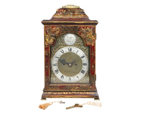 A GEORGE II BRACKET CLOCK BY JOHN ELLICOTT (LONDON 1706-1772, COURT WATCHMAKER 1762-1772). Having a mahogany red lacquered ch
