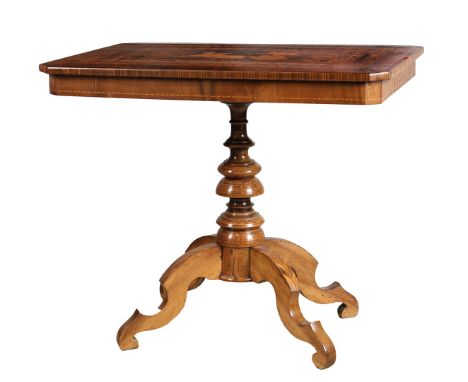 A GOOD 19TH CENTURY ITALIAN WALNUT MARQUETRY INLAID TABLE, CIRCA 1880. The top profusely inlaid with repeating design and a c
