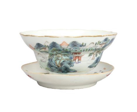 A 19TH CENTURY CHINESE FAMIILE VERT SCRIPT BOWL (2). of cusped shaped form, enamelled with a mountainous wooded landscape and