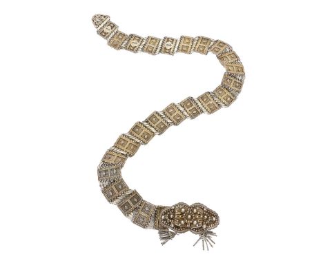 AN ISLAMIC PARCEL GILT AND WHITE METAL OTTOMAN BELT, C.1900. the decorative belt in parcel gilt and white metal with various 