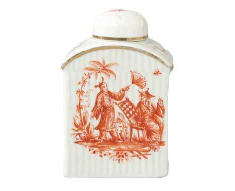 A MEISSEN MARCOLINI PERIOD TEA CANISTER AND COVER, LATE 18TH CENTURY. of fluted moulded arched square form, gilded rim and do