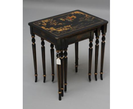 A NEST OF THREE CHINOISERIE TABLES, early 20th century, of rounded oblong form, painted and gilded with figures in a garden o