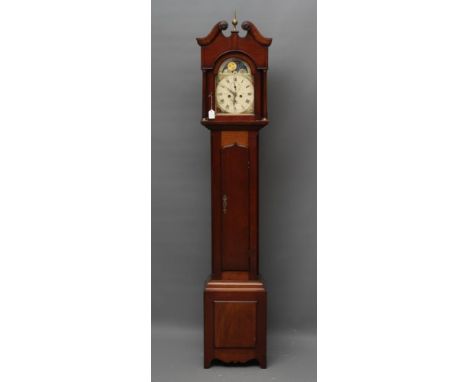 A SMALL MAHOGANY LONGCASE CLOCK, signed "Leigh Lymm", the eight day movement with anchor escapement striking on a bell, 8 1/2