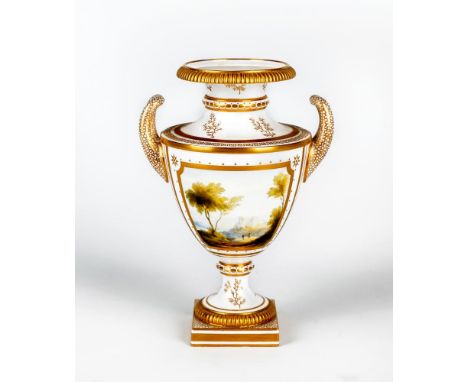 A ROYAL WORCESTER PORCELAIN URN, 1912, of rounded conical form with two loop handles on waisted socle and square foot, painte