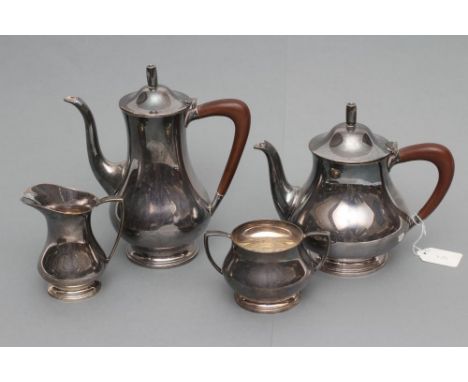 A FOUR PIECE TEA SERVICE, maker Barker Ellis Co., Birmingham 1967, of plain baluster form, comprising tea and hot water pots 