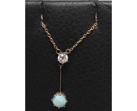 A DIAMOND AND OPAL PENDANT, the brilliant cut diamond of approximately 0.25cts claw set to a knife edge bar with fixed claw o