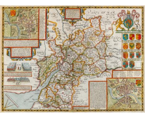 JOHN SPEED (1552-1629), "Gloucestershire", hand coloured engraved map with title cartouche, Royal and Noble arms, plans of Gl