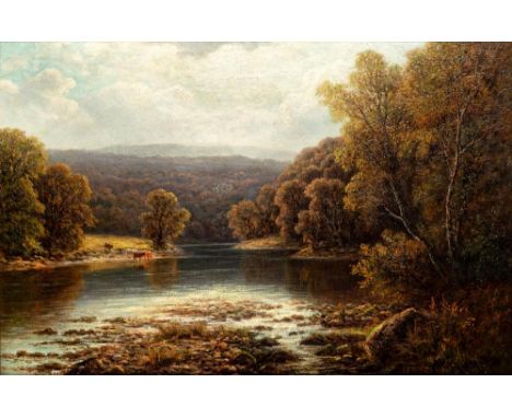 WILLIAM MELLOR (1851-1931), "Barden Tower from the Wharfe, Bolton Woods, Yorkshire", oil on canvas, signed, inscribed to reve