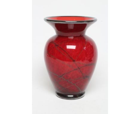 A CHRIS HARRISON "AMPHORA" STUDIO GLASS VASE, of flared rounded cylindrical form with everted rim and with black "veins" on a