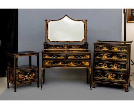 A CHINOISERIE BLACK LACQUERED TEN PIECE BEDROOM SUITE, early 20th century, painted and gilded with figures in landscape, and 