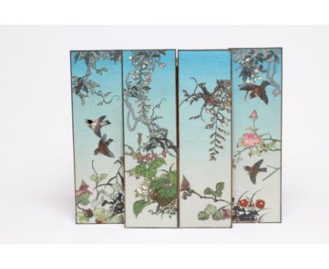 A SET OF FOUR CHINESE CLOISONNE ENAMEL PLAQUES of plain vertical oblong form, each enamelled in colours with finches and foli