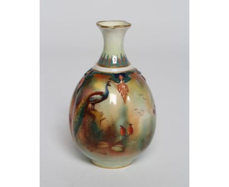 A SMALL ROYAL WORCESTER CHINA VASE, c.1908, of lobed ovoid form with waisted neck, painted in colours by H. Austin with a pea