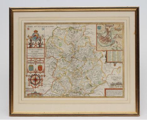 JOHN SPEED (1552-1629), "Shropshire", hand coloured engraved map with title banner, plan of Shrowesbury (sic), scale cartouch