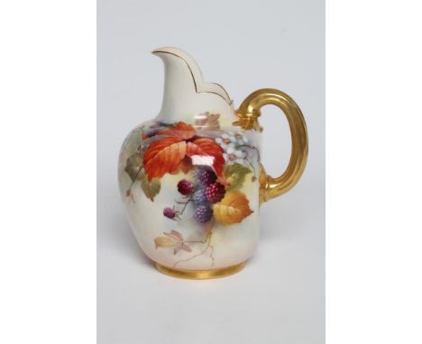 A ROYAL WORCESTER CHINA ICE JUG, 1911, painted in typical palette by Kitty Blake with a fruiting blackberry branch within gil