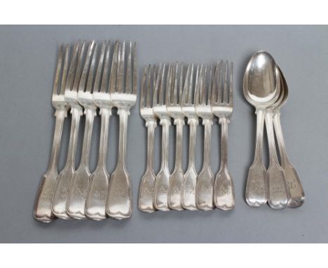 A COMPOSITE PART TABLE SERVICE, various makers and dates, in Fiddle and Thread pattern, comprising six dessert forks, maker's