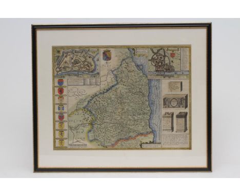 JOHN SPEED (1552-1629), Northumberland, hand coloured engraved map with title cartouche, plans of Berwick and Newcastle, scal