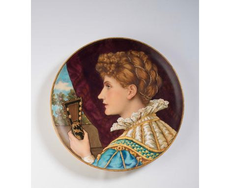 A MINTON EARTHENWARE ARTS AND CRAFTS PLAQUE, 1876, of plain shallow dished circular form painted in polychrome enamels by C.L