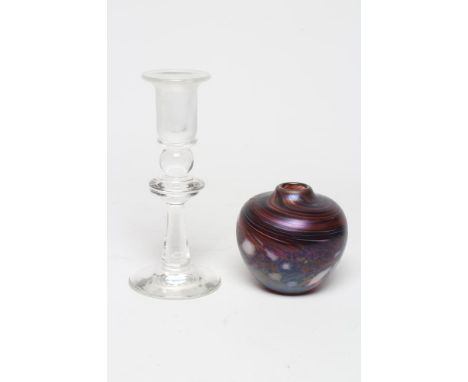 A DAVID WALLACE CLEAR GLASS CANDLESTICK, with slightly iridescent frosted cylindrical socket on knopped tapering cylindrical 