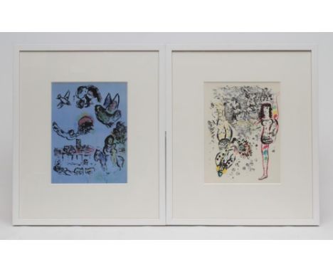 AFTER MARC CHAGALL (1887-1995), "Nocturne in Venice" and "The Acrobats", pair lithographs, unsigned, 12 1/2" x 9 1/2", staine