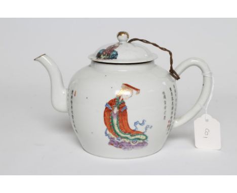 A CHINESE PORCELAIN TEAPOT AND COVER of rounded cylindrical form, painted in coloured enamels with a couple in elaborate robe