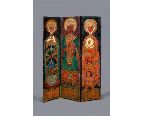 AN ARTS AND CRAFTS THREE FOLD PAINTED SCREEN painted in the Orthodox Church style with a full length Christ flanked by the tw