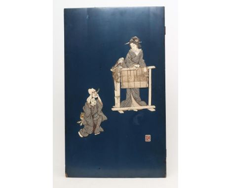 A JAPANESE SHIBAYAMA PANEL, early 20th century, featuring a mother, her child and a kitten, in ivory and mother of pearl on a