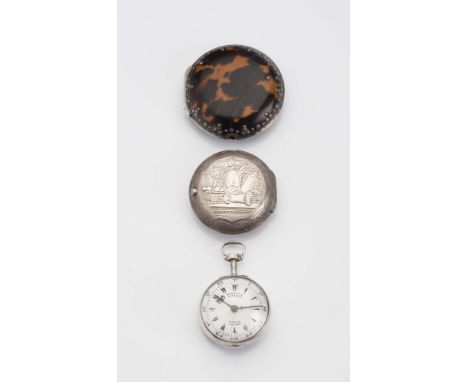 A GEORGE III OTTOMAN MARKET TORTOISESHELL AND SILVER TRIPLE CASED POCKET WATCH, London 1812, the white enamel dial inscribed 