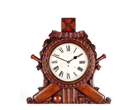 A VICTORIAN CRICKET THEMED OAK CASED WALL TIMEPIECE with single fusee movement, the 12" white enamel dial with Roman numerals