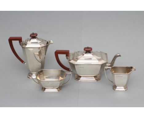 AN ART DECO FOUR PIECE TEA AND COFFEE SERVICE, maker Fattorini & Sons, Birmingham 1938, of plain canted oblong form on a low 