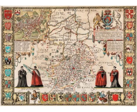 JOHN SPEED (1552-1629), "Cambridge Shire", hand coloured engraved map with title cartouche surmounted by the Royal Arms, plan