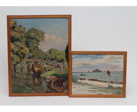 YOKOTA NIRO (Japanese 1897-1985), River Scene with Boats, oil on canvas, signed and dated 1950, 24" x 18", together with anot