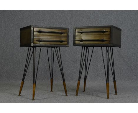 Bedside table or lamp tables, pair retro styled in metal. H.70 W.41 D.33 cm. 