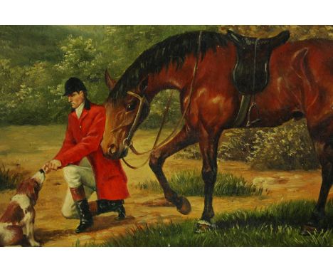 Oil painting on board. British hunting scene. Signed 'Condy'  lower right. In gilt decorated frame.  H.48 W.51 cm. 