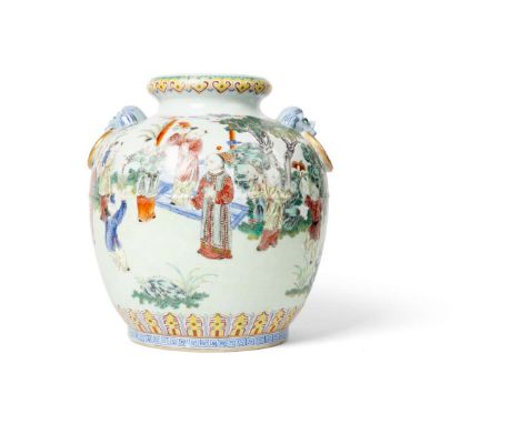  CHINESE FAMILLE ROSE 'BOYS AT PLAY' JAR QING DYNASTY, JIAQING MARK AND OF THE PERIOD 清嘉慶款及年代 粉彩嬰戲圖鋪首罐finely painted around t