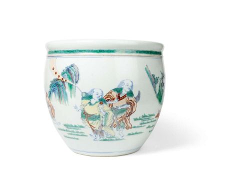  LARGE CHINESE DOUCAI 'FOUR IMMORTALS' BASIN QING DYNASTY 清 鬥彩蓬頭四仙圖大缸painted in a continuous scene with craggy hills and pine