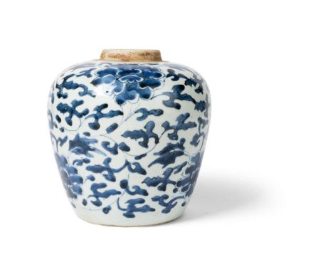  CHINESE BLUE AND WHITE 'LOTUS SCROLL' JAR TRANSITIONAL PERIOD 過渡期 青花纏枝蓮紋罐of tapered ovoid form, painted around the exterior 