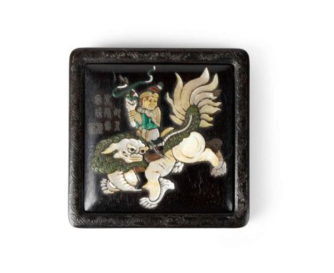  CHINESE MOTHER-OF-PEARL, SOAPSTONE AND HARDSTONE-INLAID ZITAN BRUSH PALETTE QING DYNASTY, 18TH CENTURY 清 嵌銀絲紫檀百寶嵌胡人戲獅圖方形筆舔of