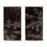 TWO CHINESE MOTHER-OF-PEARL INLAID BLACK LACQUER TABLE SCREEN PANELS