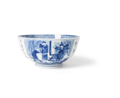  CHINESE BLUE AND WHITE 'INSCRIBED' BOWL QING DYNASTY, KANGXI MARK AND OF THE PERIOD 清康熙款及年代 青花人物故事題詩紋碗painted in two panels 