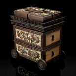 RARE CHINESE BONE, MOTHER-OF-PEARL AND STONE-INLAID HARDWOOD CARRIAGE TIERED BOX AND COVER