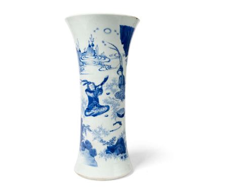  LARGE CHINESE BLUE AND WHITE 'FIGURAL' GU-FORM VASE QING DYNASTY OR LATER 清或以後 青花人物故事紋花觚of waisted beaker form, painted with