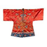 CHINESE RED-GROUND SILK EMBROIDERED JACKET