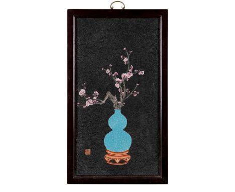  CHINESE BLACK-LACQUER GROUND FAMILLE ROSE 'PRUNUS AND VASE' PORCELAIN PLAQUE LATE QING DYNASTY TO REPUBLIC PERIOD, 19TH-20TH