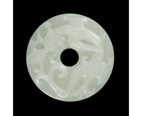  CHINESE WHITE JADE CARVING OF 'BI' PENDANT QING DYNASTY, 18TH CENTURY 清 白玉雕螭龍紋小圓璧of archaistic disc bi form, one side carved