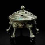 CHINESE BRONZE 'LION-MASK' FIVE-LEGGED CENSER WITH COVER